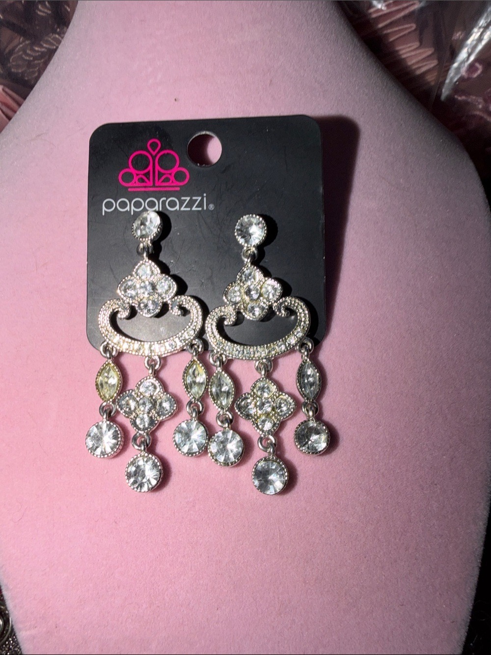 paparazzi Silver Medal Tone, Clear Crystal Dangle Earrings, 2.5”’, (J0099)